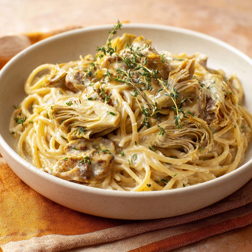 Creamy artichoke thyme pasta with fresh thyme garnish in a white bowl, showcasing a close-up view.