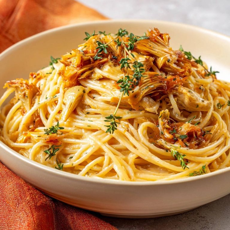 Creamy artichoke thyme pasta with a close-up detail of fresh thyme garnish and crispy artichoke topping.