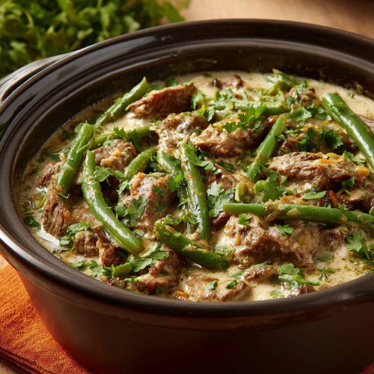 Creamy beef and green bean comfort stew served in a dark brown pot, showcasing tender meat and vibrant green beans.