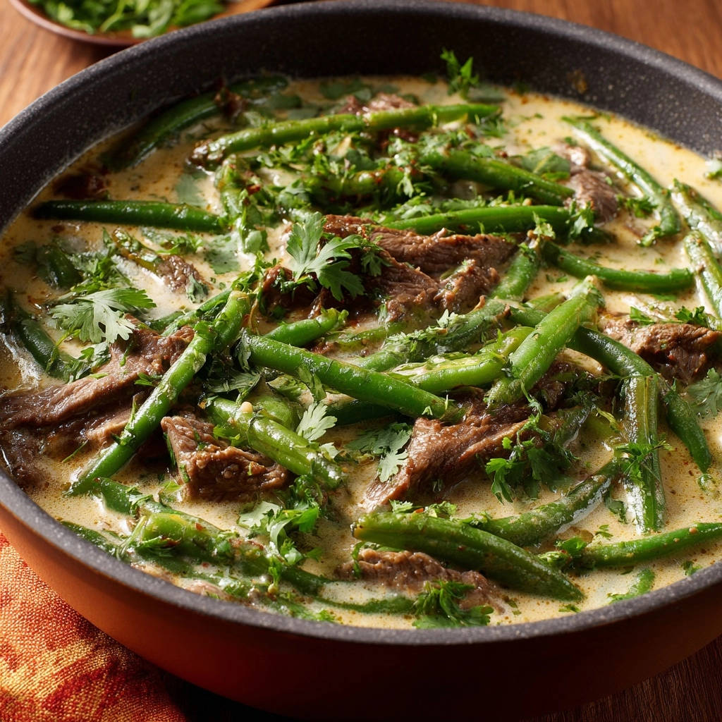 Creamy beef and green bean comfort stew served in a pan, showcasing the tender beef and vibrant green beans in a rich sauce.