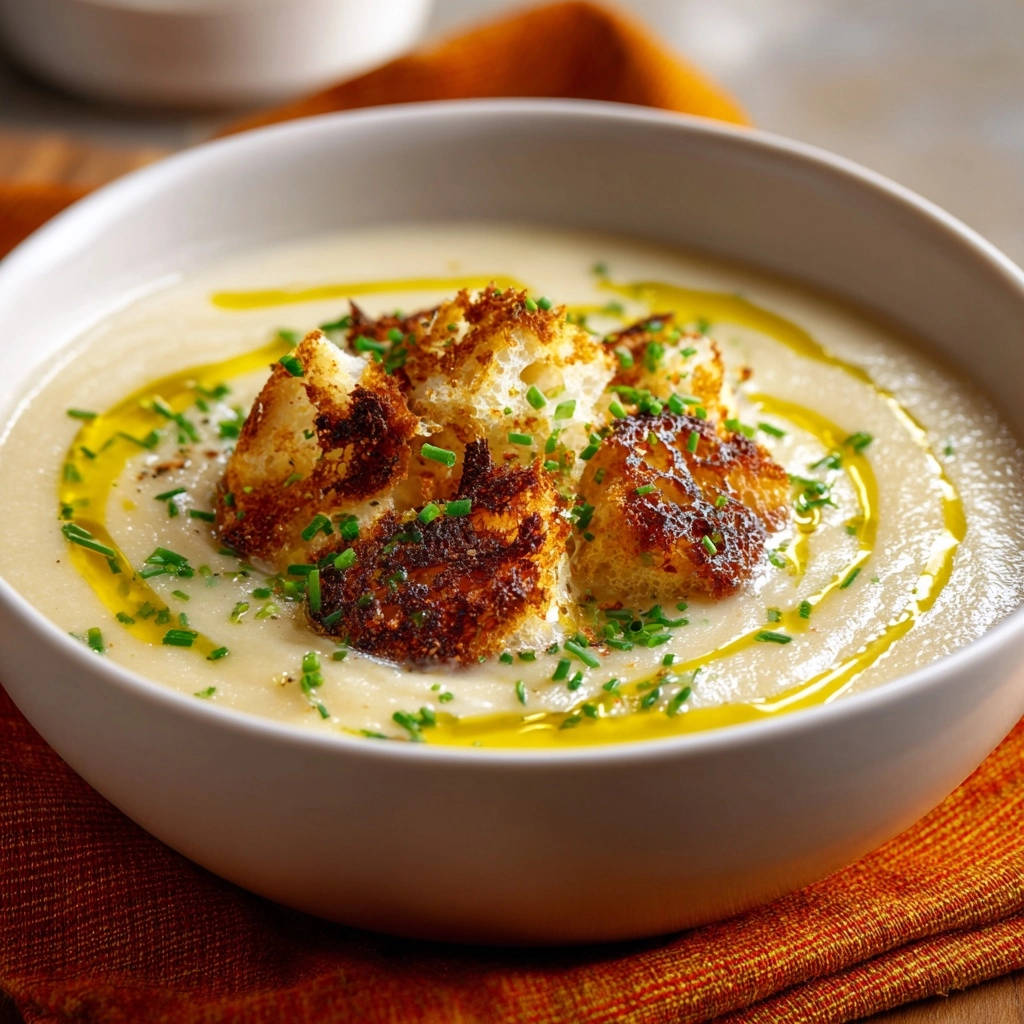 Creamy cauliflower soup garnished with golden croutons and fresh chives, drizzled with olive oil.