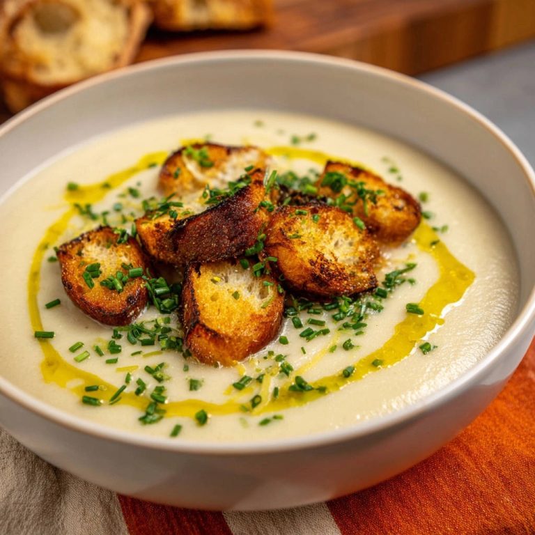 Creamy cauliflower soup with golden croutons and fresh chives, drizzled with olive oil.