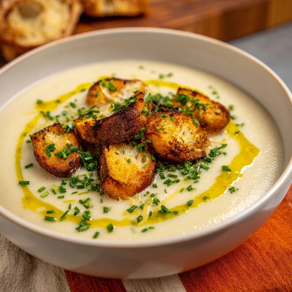 Creamy cauliflower soup with golden croutons and fresh chives, drizzled with olive oil.