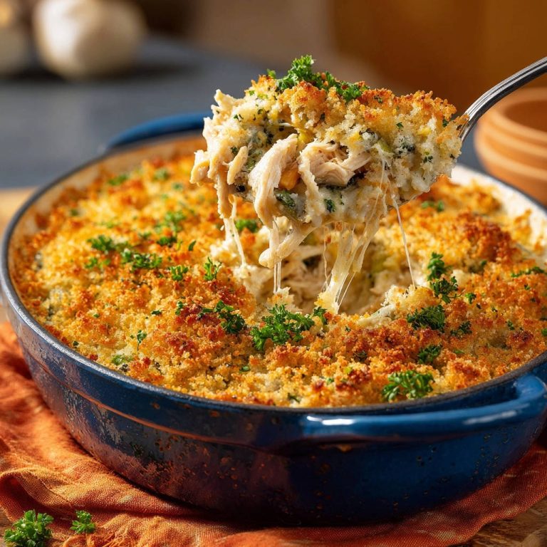 Creamy chicken casserole with a cheesy pull, showing its golden breadcrumb topping and fresh parsley garnish.