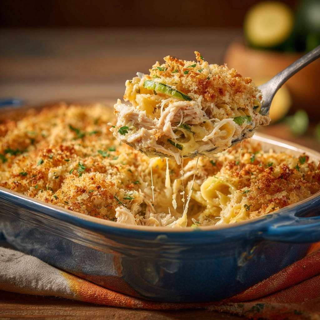 Creamy chicken casserole with a golden breadcrumb topping, a serving being lifted to show cheesy noodles.