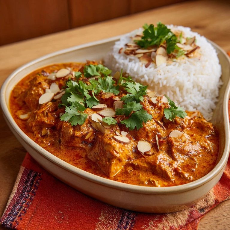 Creamy chicken curry with rice, garnished with sliced almonds and fresh cilantro, showcasing a rich sauce texture.