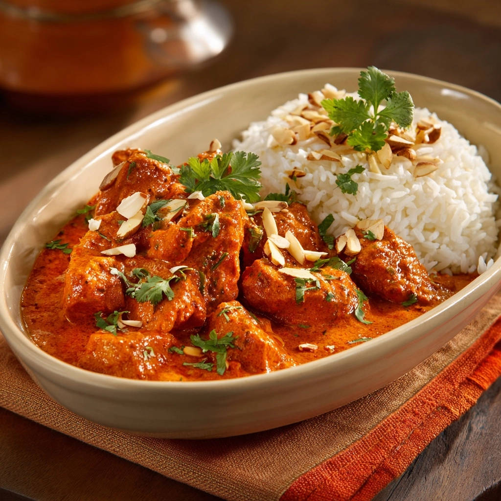 Creamy chicken curry with rice served in a bowl, garnished with almonds and cilantro.