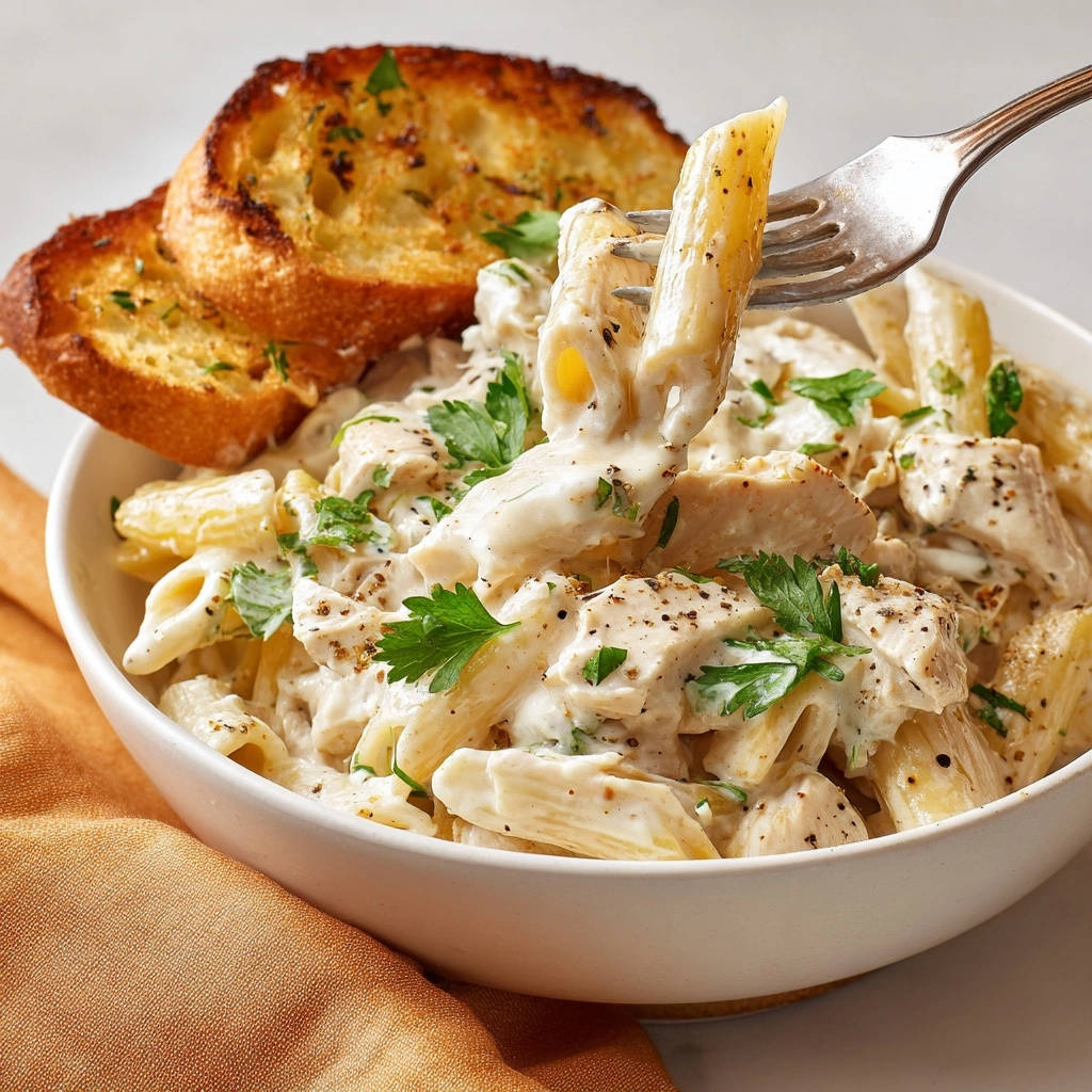 Creamy chicken penne with a fork lifting a penne pasta noodle coated in sauce and garnished with parsley.