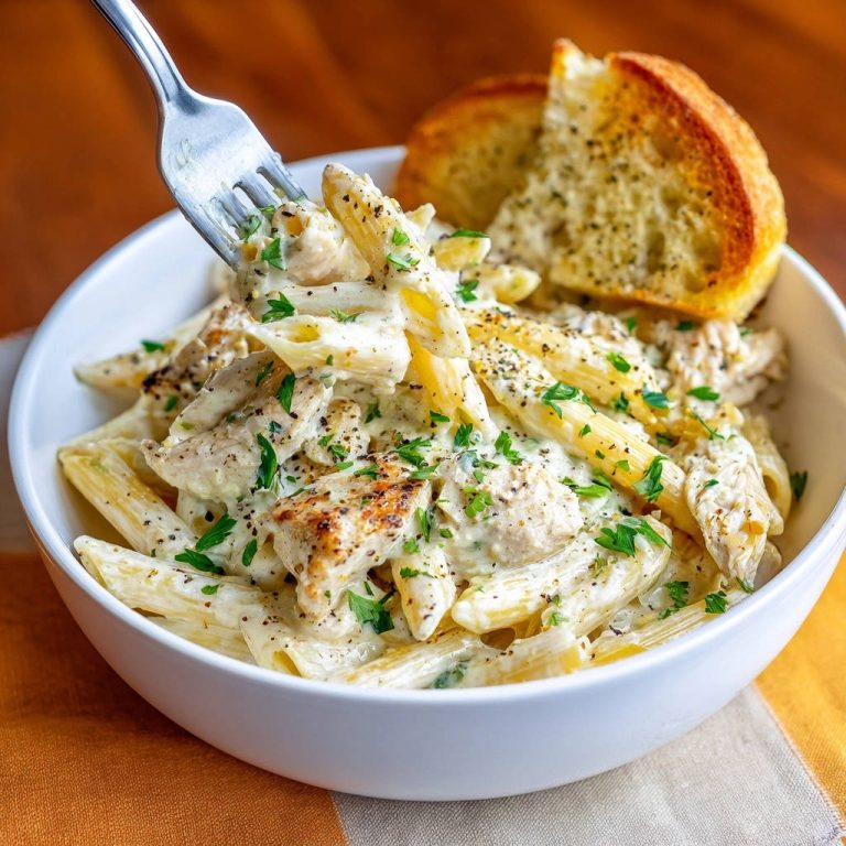 Creamy chicken penne with a forkful being lifted, showcasing the clinging sauce and garnished with parsley.