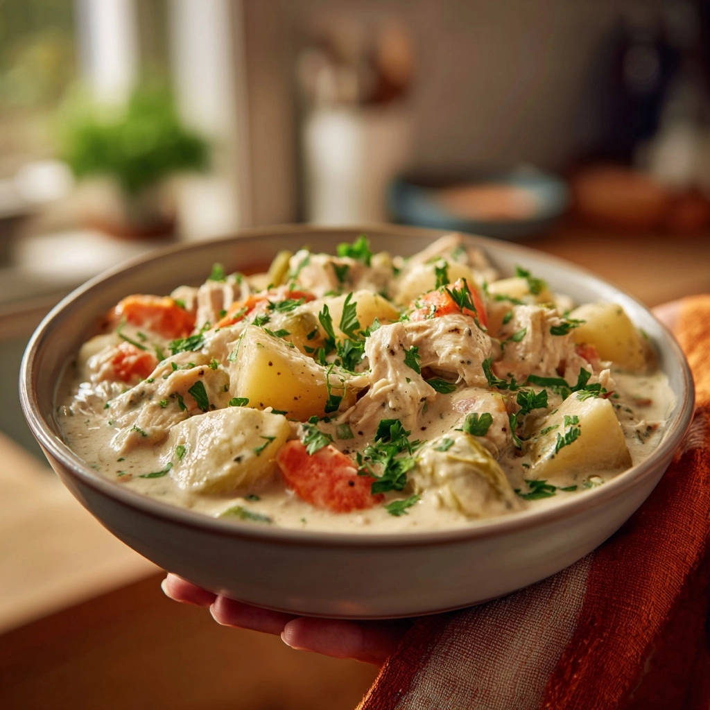 Creamy chicken and potato stew served in a bowl, showcasing tender chicken, potatoes, carrots, and fresh parsley garnish.