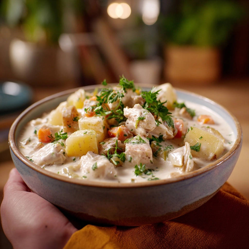 Creamy chicken and potato stew served in a rustic bowl, garnished with fresh parsley.