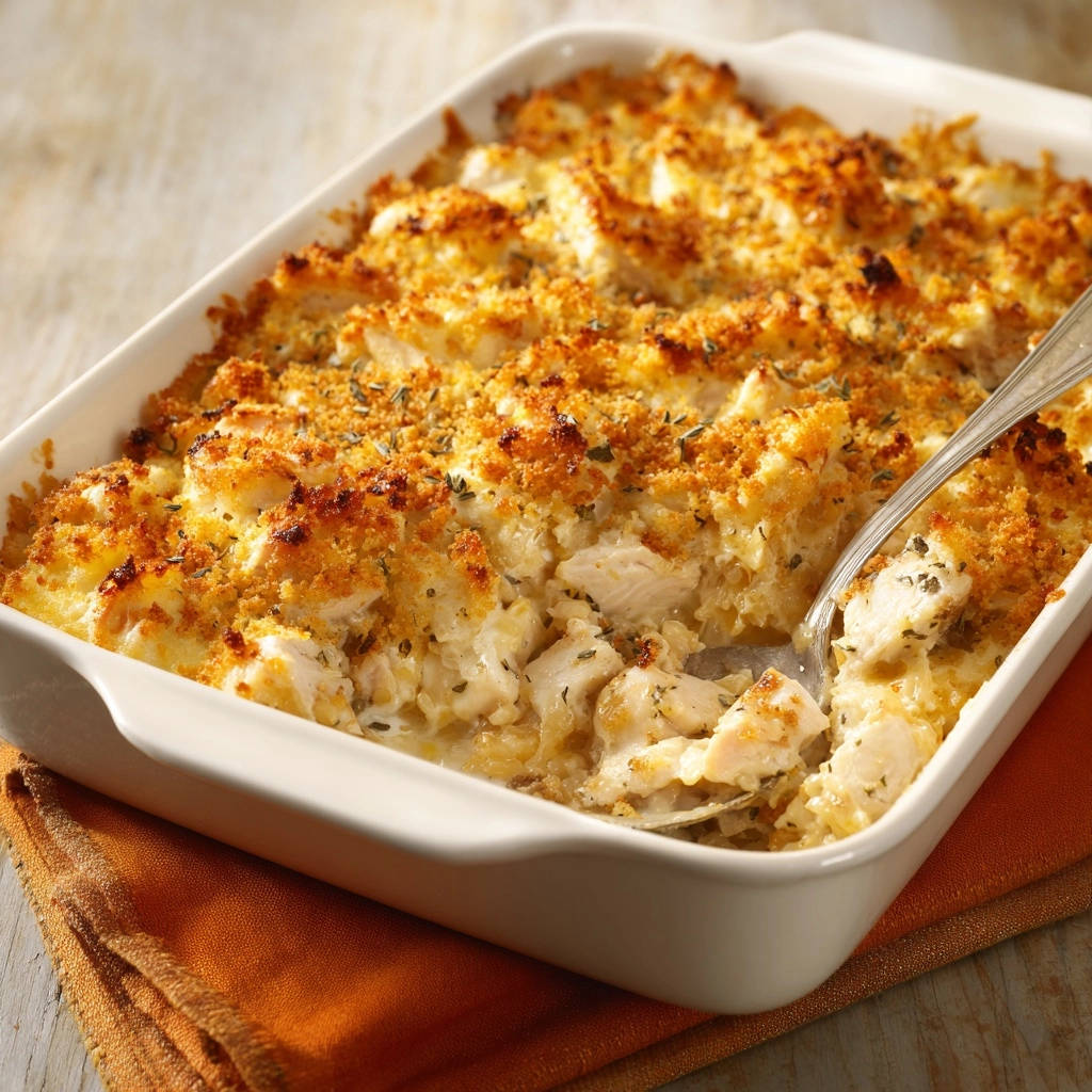Creamy chicken and rice bake with a spoon scooping out a portion showing the tender chicken and rice.