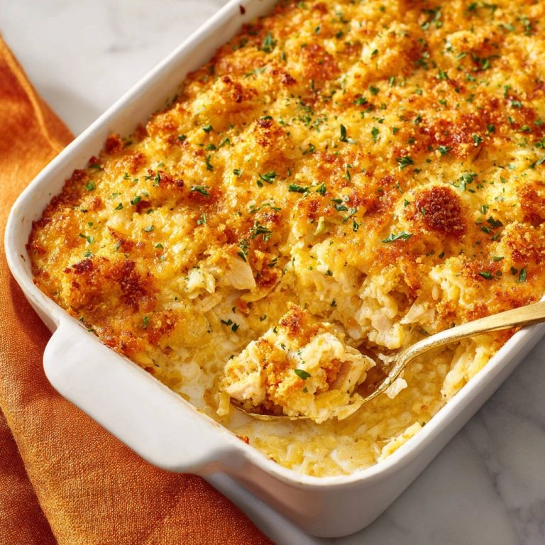 Creamy chicken and rice bake with a golden crust, shown with a spoonful lifted out to reveal its interior texture.