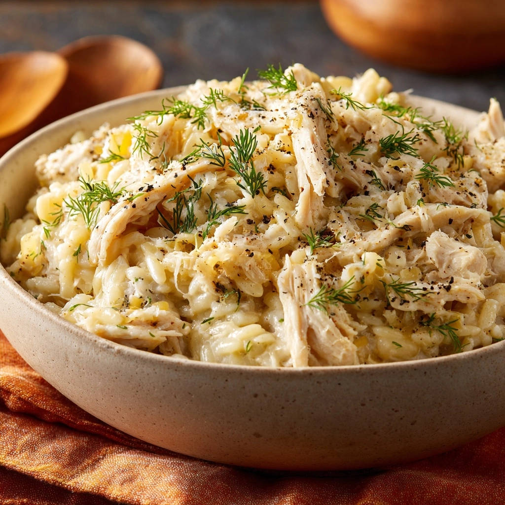 Creamy chicken and rice with a close-up view of fresh dill and cracked black pepper garnish.