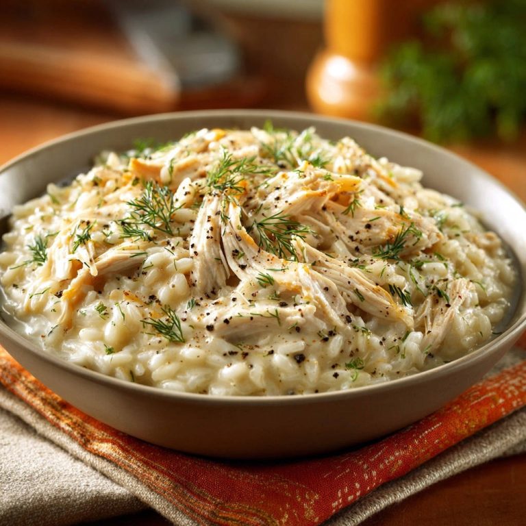 Creamy chicken and rice garnished with fresh dill and cracked black pepper in a bowl.