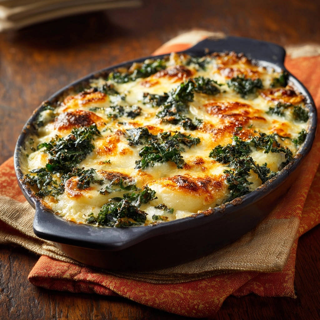 Creamy kale and potato gratin shown in a dark oval baking dish, baked until golden brown.