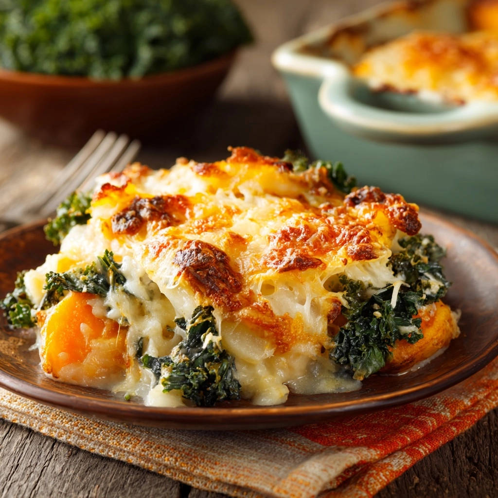Creamy kale & potato gratin plated cross-section showing layers of golden cheese, tender potatoes, and vibrant kale.