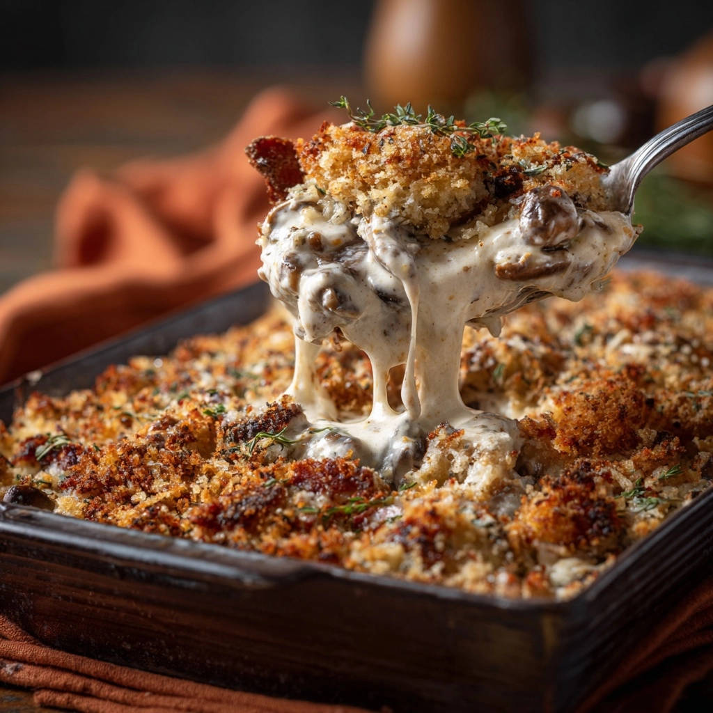 Creamy mushroom gratin with a cheesy pull, showing the crispy breadcrumb topping and rich sauce.
