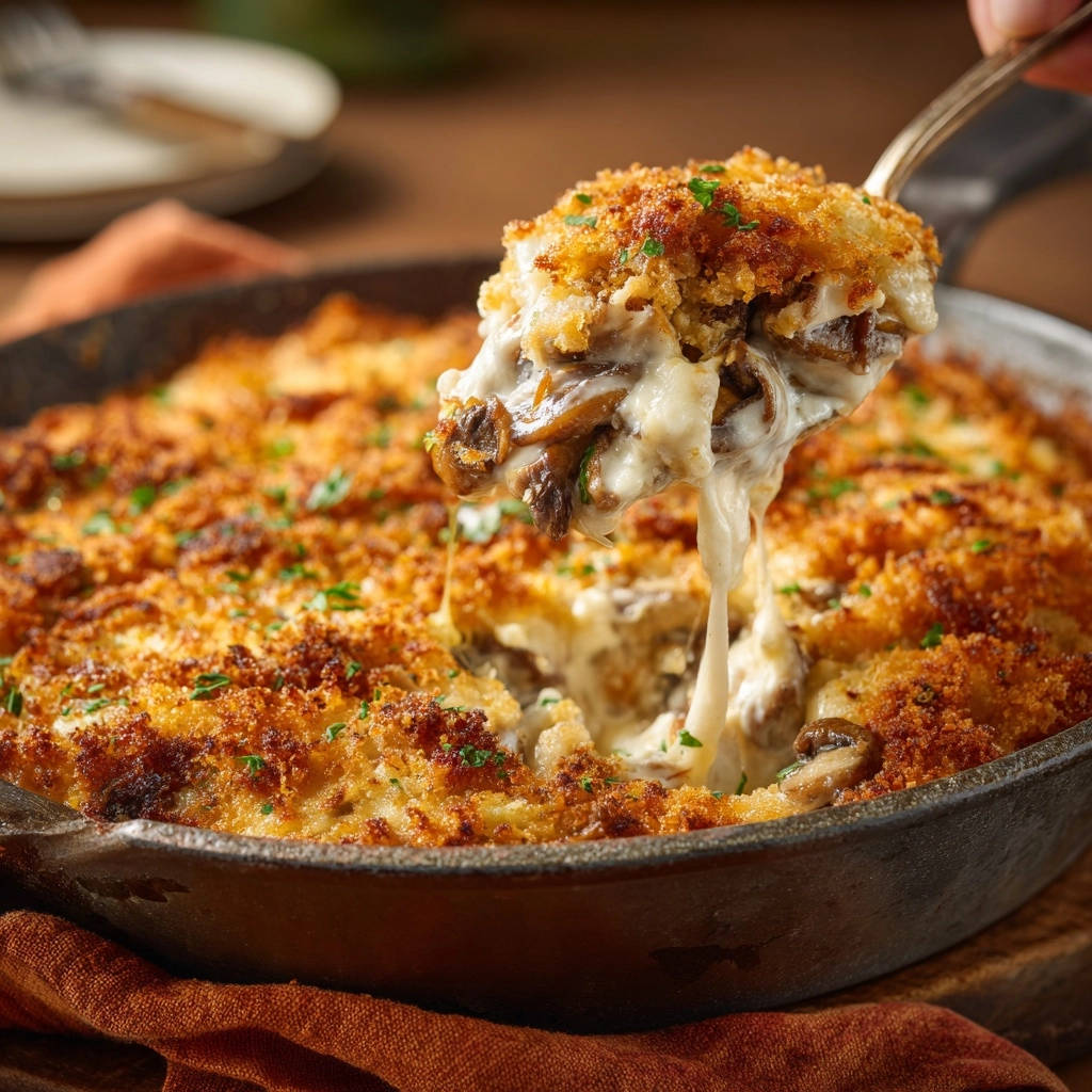 Creamy mushroom gratin with a golden breadcrumb topping being lifted by a fork, showing gooey cheese.