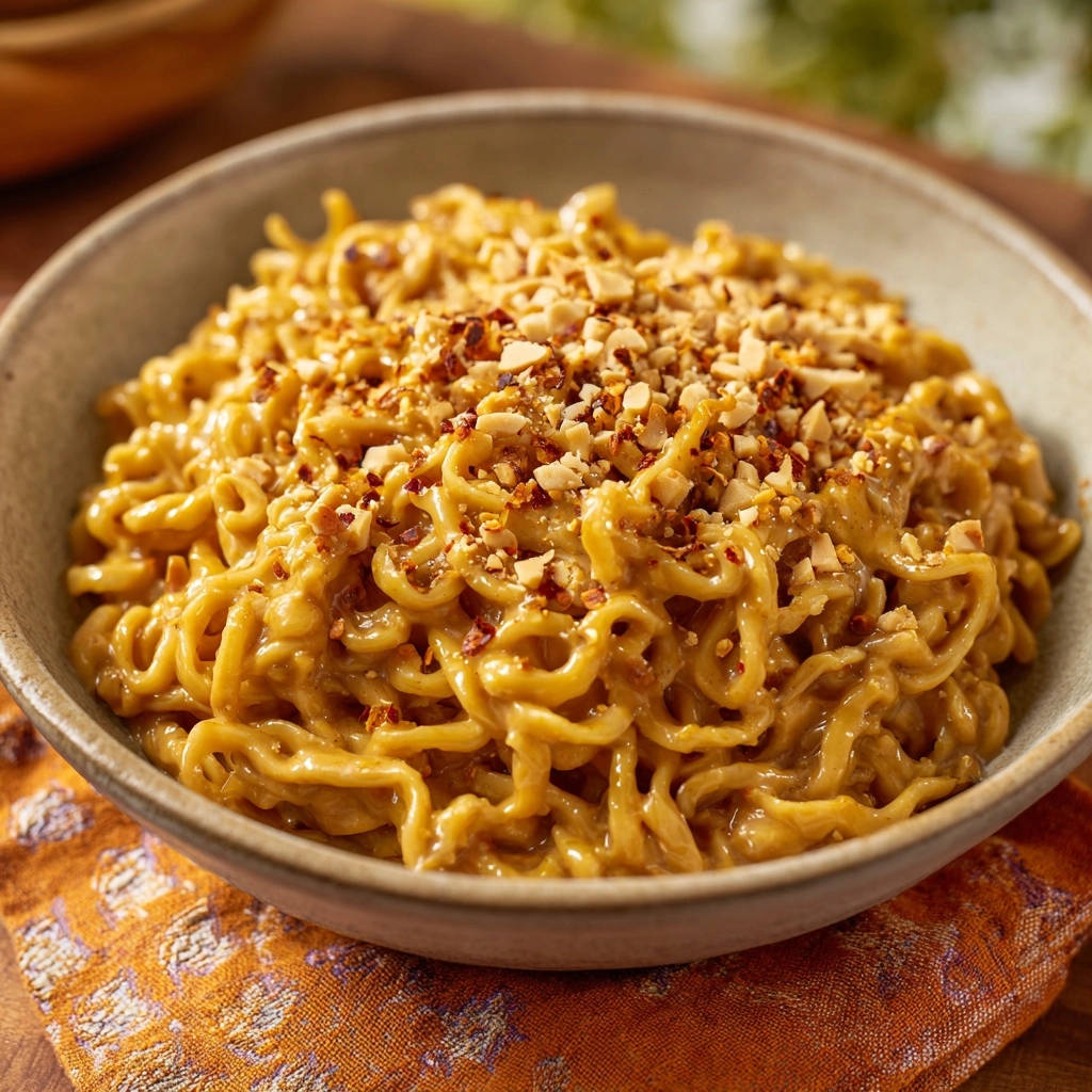 Creamy peanut noodles topped with a generous sprinkle of chopped peanuts and chili flakes.
