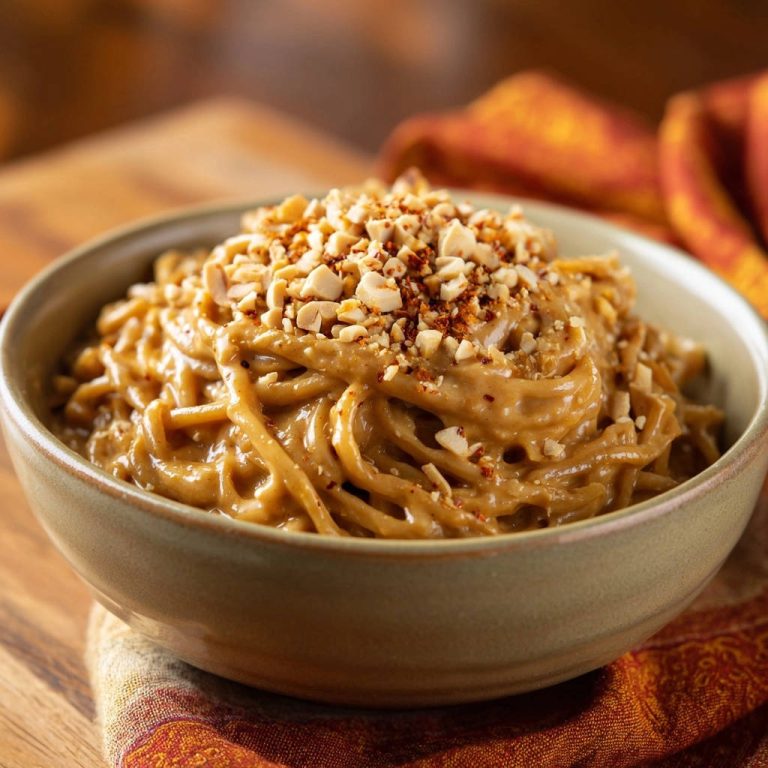 Creamy peanut noodles topped with chopped peanuts and chili flakes, showcasing the garnish detail.