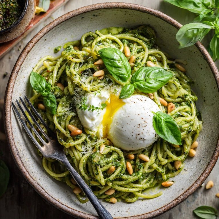 Creamy pesto spaghetti with a poached egg, showing the runny yolk and fresh basil garnish.