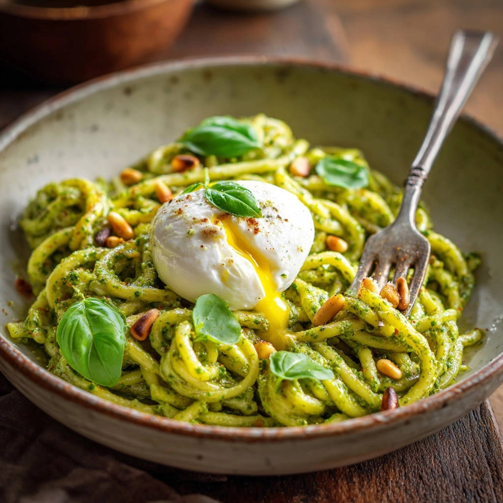 Creamy pesto spaghetti with poached egg, showing the rich yellow yolk oozing onto the pasta.