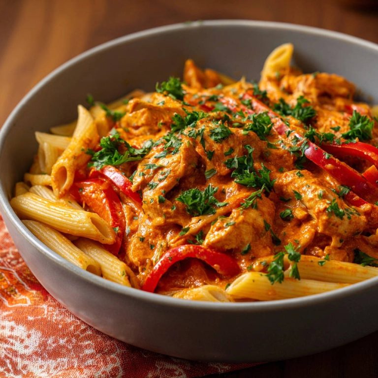 Creamy Red Pepper Chicken Penne served in a rustic bowl, garnished with fresh parsley and red bell peppers.