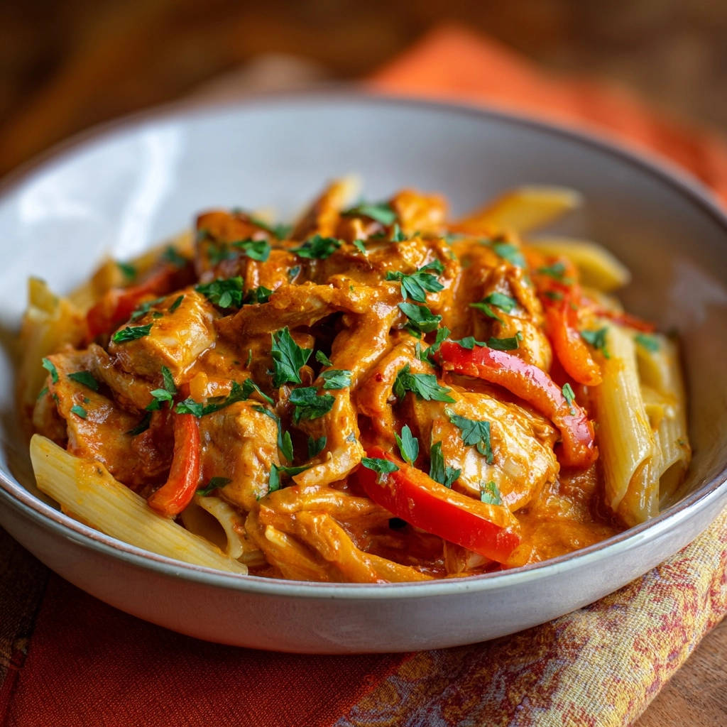 Creamy red pepper chicken penne with a close-up view showing chopped parsley garnish.
