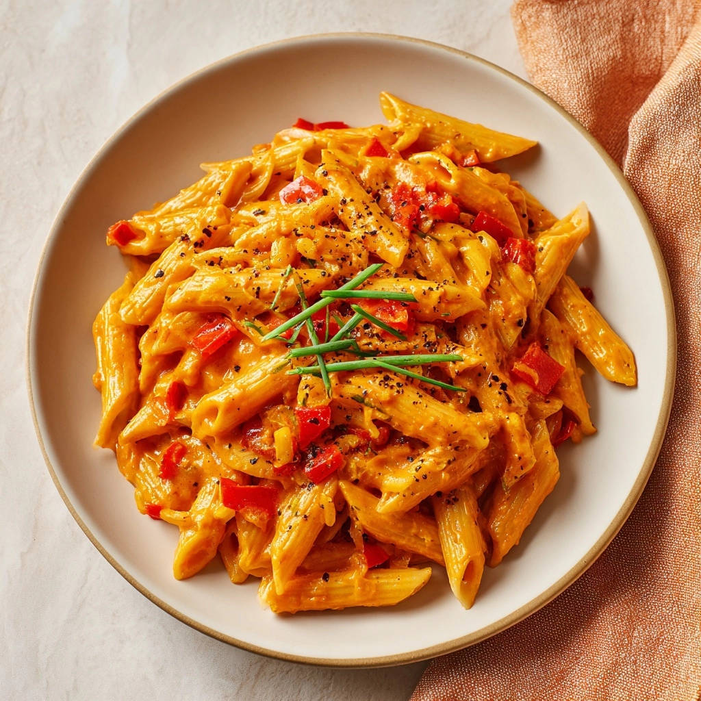 Creamy roasted red pepper penne with a close-up view of the fresh chive garnish and speckled black pepper.