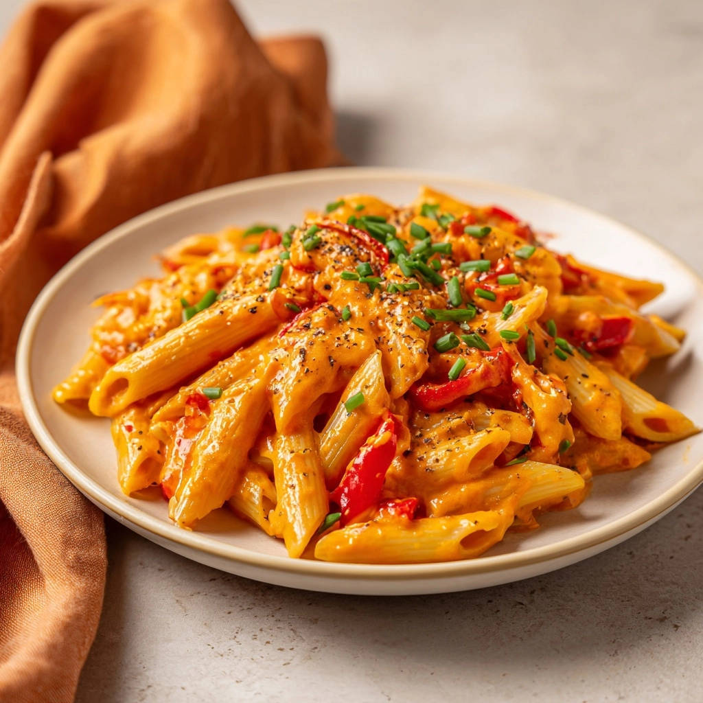 Creamy roasted red pepper penne plated close-up, showcasing the rich sauce, tender pasta, and fresh chives garnish.