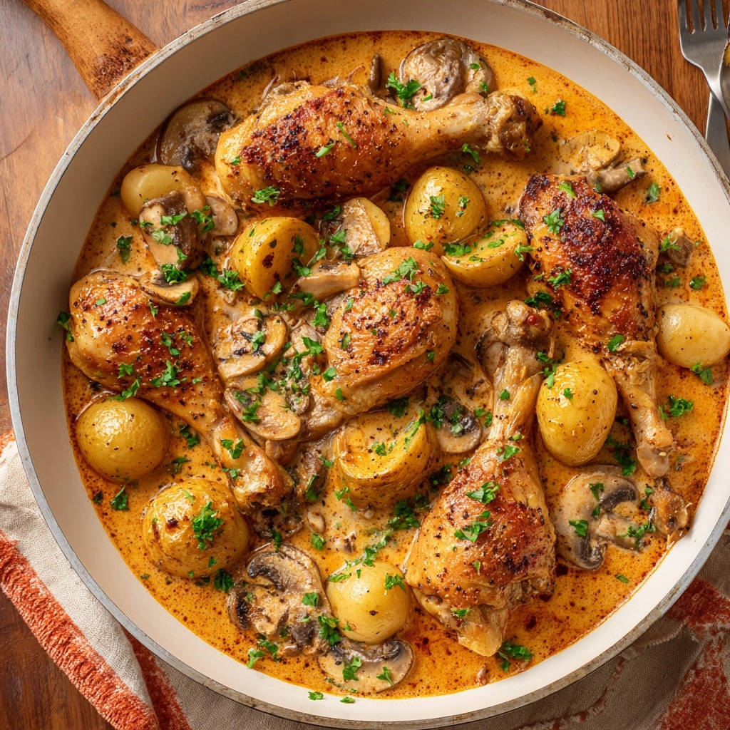 Creamy skillet chicken and potatoes with mushrooms and herbs in a white pan, overhead view