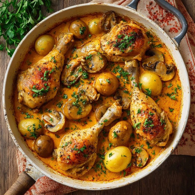 Creamy skillet chicken & potatoes shown in a close-up overhead view with mushrooms and herbs.