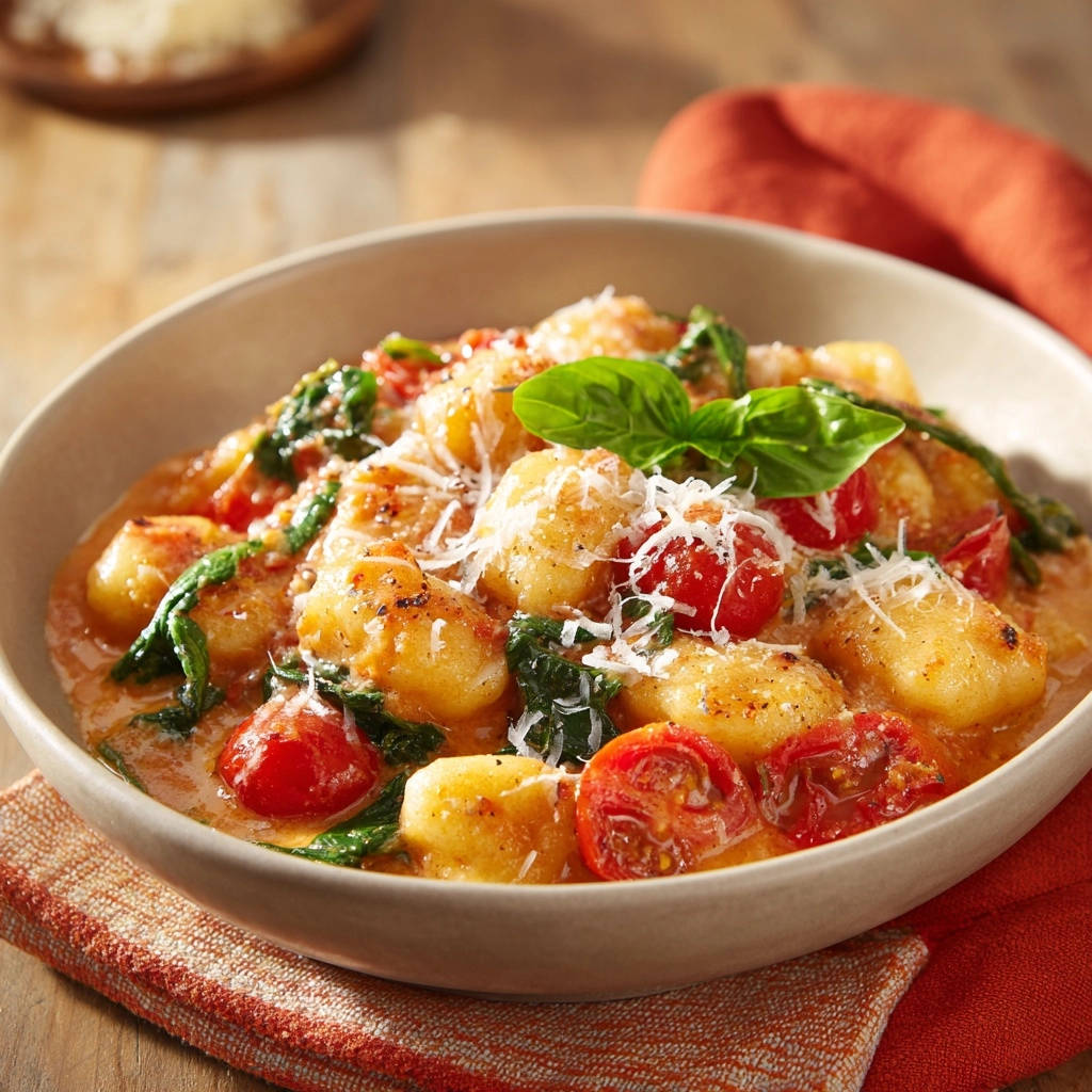 Creamy tomato spinach gnocchi served in a bowl, showcasing plump gnocchi, cherry tomatoes, and fresh basil garnish.