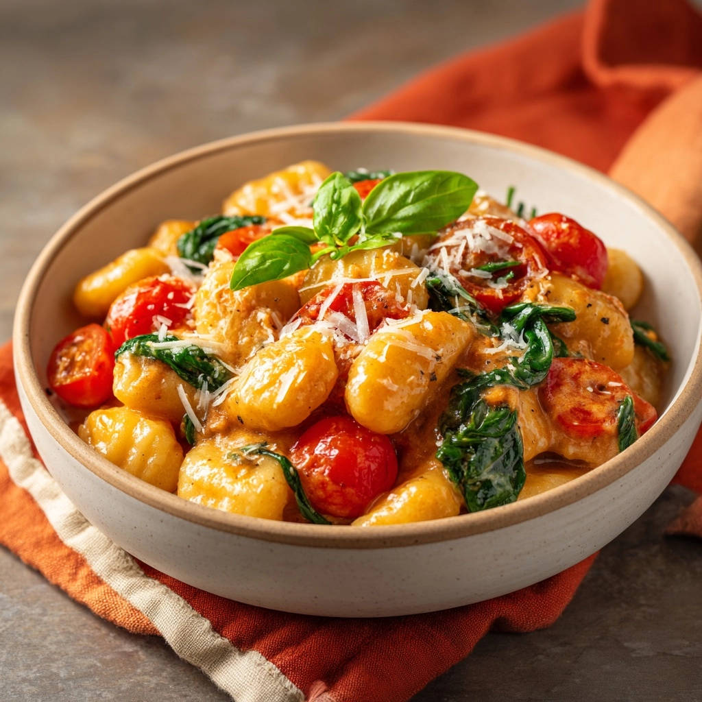 Creamy tomato spinach gnocchi in a bowl, garnished with basil and Parmesan cheese, with a close-up view.