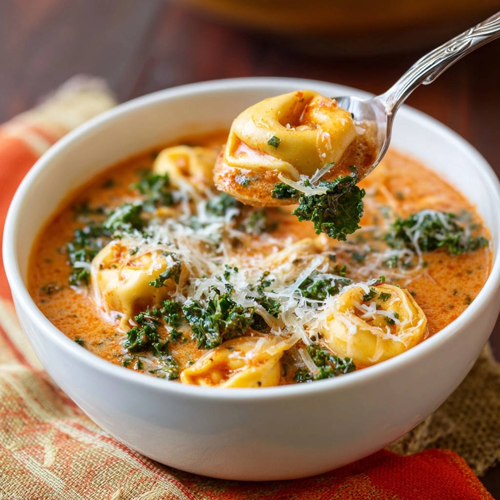 Creamy tomato tortellini soup with a spoonful lifted, showing stuffed pasta and kale.