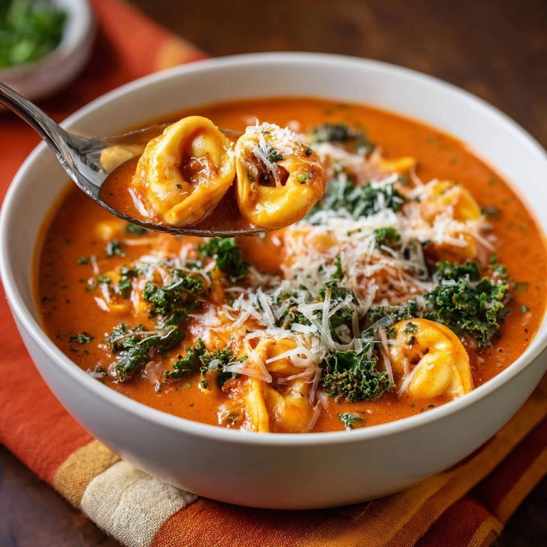 Creamy tomato tortellini soup shown close-up on a spoon with wilted kale and grated parmesan cheese.
