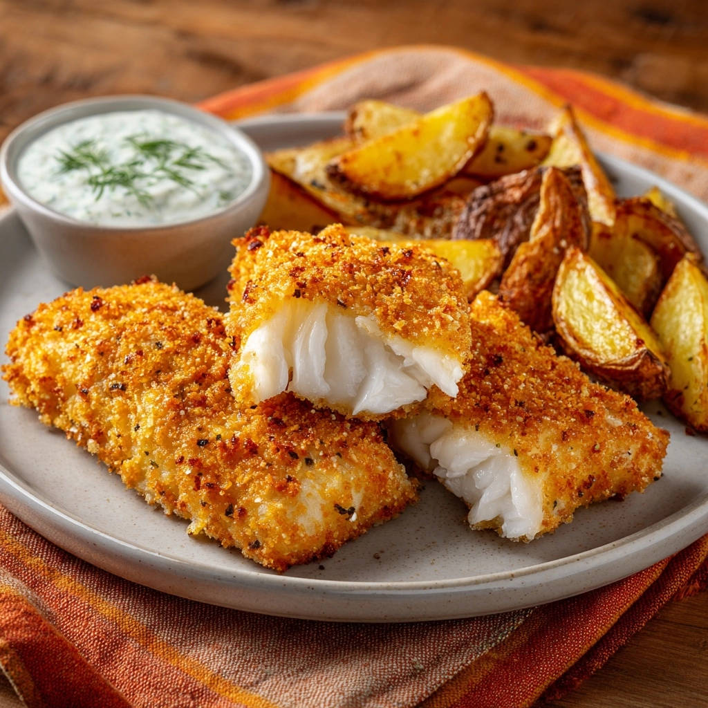 Crispy baked fish fillets cross-section showing golden breading and flaky white fish, served with potato wedges and dill sauce.