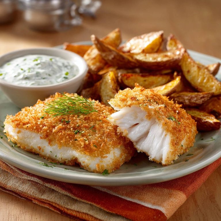 Crispy baked fish fillets shown in a close-up cross-section, revealing flaky white fish and a golden breadcrumb coating.