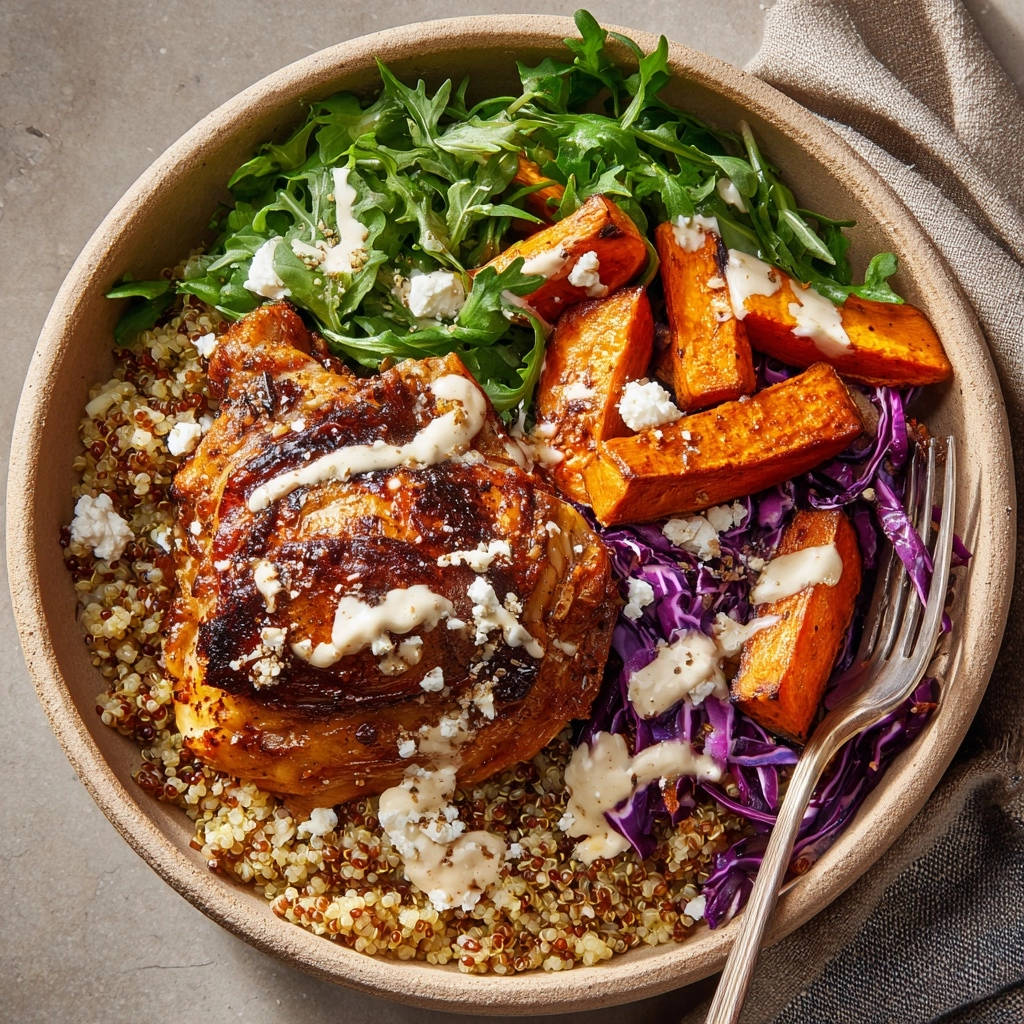 Crispy chicken thigh power bowl overhead detail showing quinoa, roasted sweet potatoes, red cabbage, and arugula with a creamy dressing.