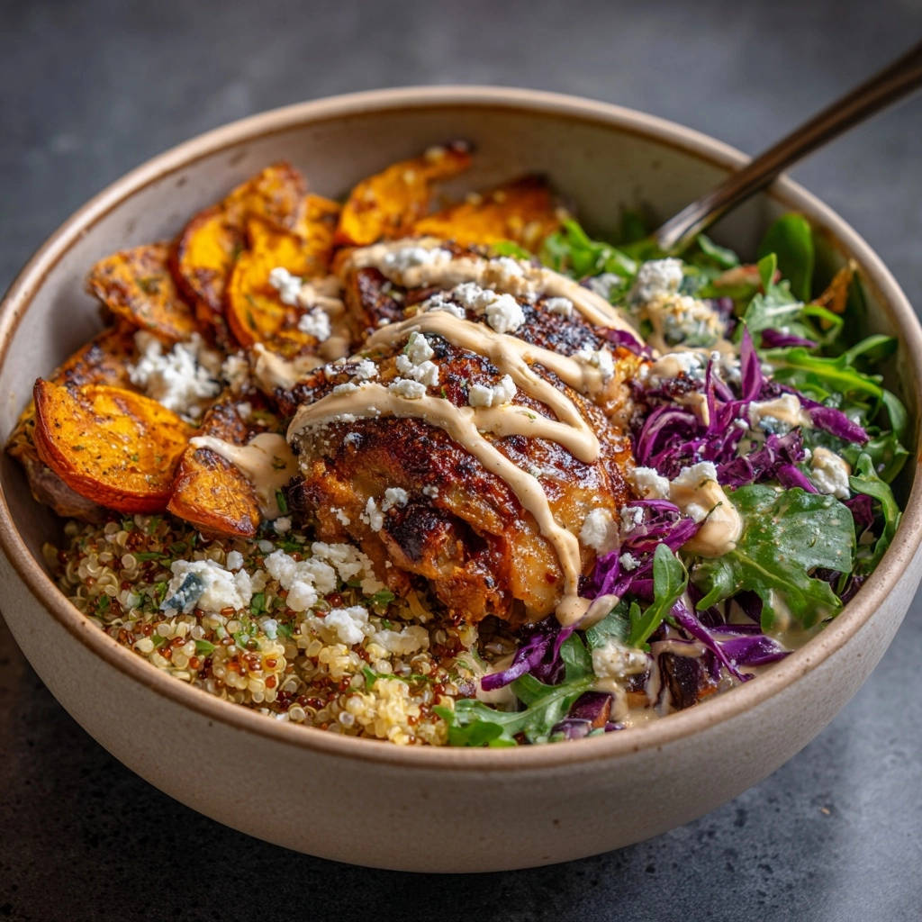 Crispy chicken thigh power bowl with roasted sweet potatoes, quinoa, and fresh greens, shown from an overhead perspective with a drizzle of sauce.