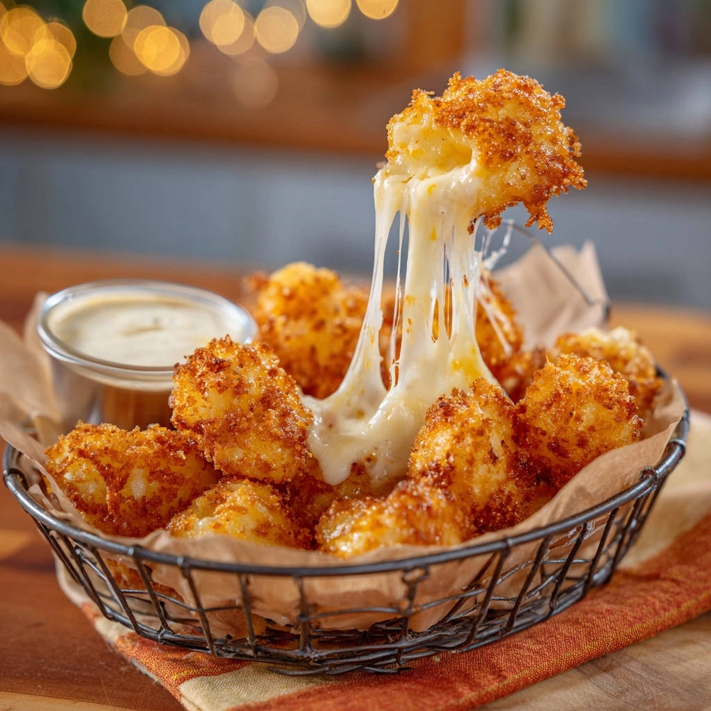 Crispy fried cheese curds with a long, gooey cheese pull stretching from one curd to another.