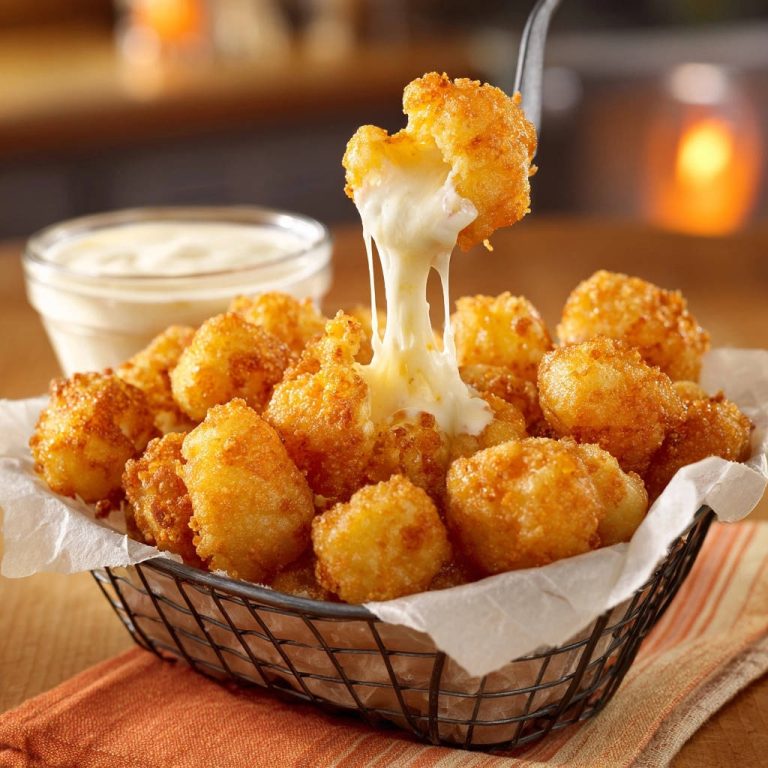 Crispy fried cheese curds with a gooey cheese pull, served in a basket with dipping sauce.