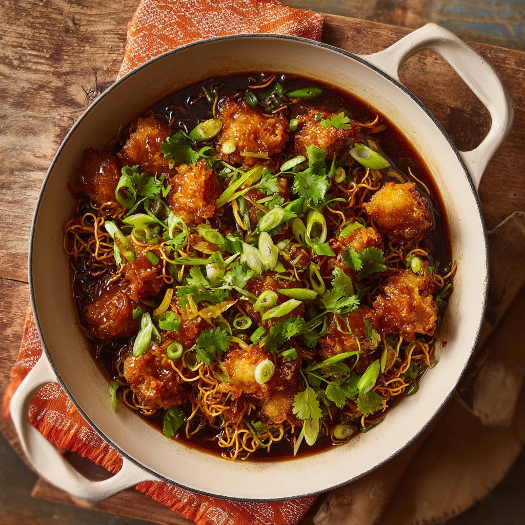 Crispy garlic ginger chicken noodles served in a bowl with a detailed overhead view of the garnishes and sauce.