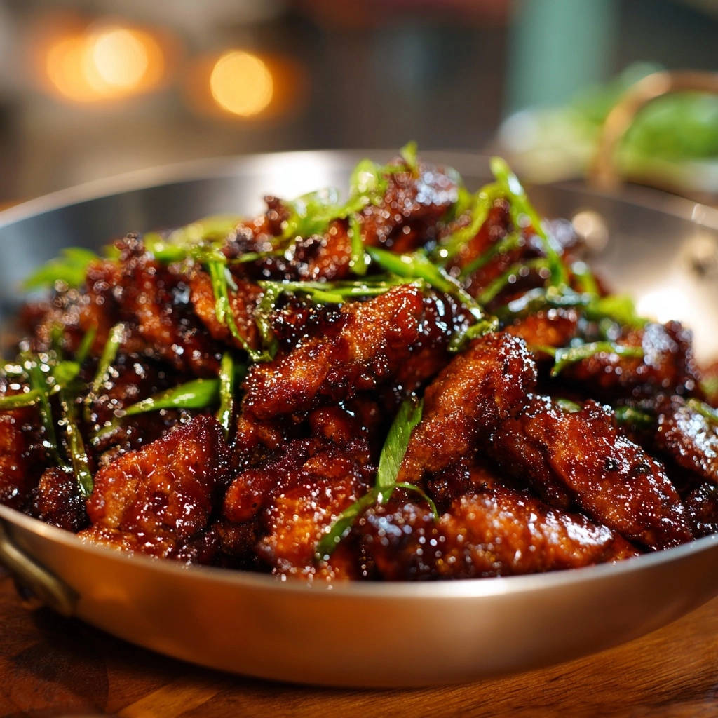 Crispy glazed chicken bites served in a shallow metal bowl, showcasing the glistening sauce and fresh green onion garnish.