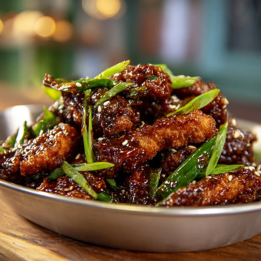 Crispy glazed chicken bites with a glistening dark sauce and fresh green onion garnish in a bowl.