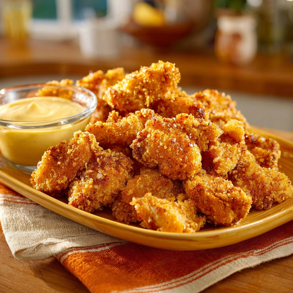 Crispy homestyle chicken bites served golden brown with a side of dipping sauce on a platter.