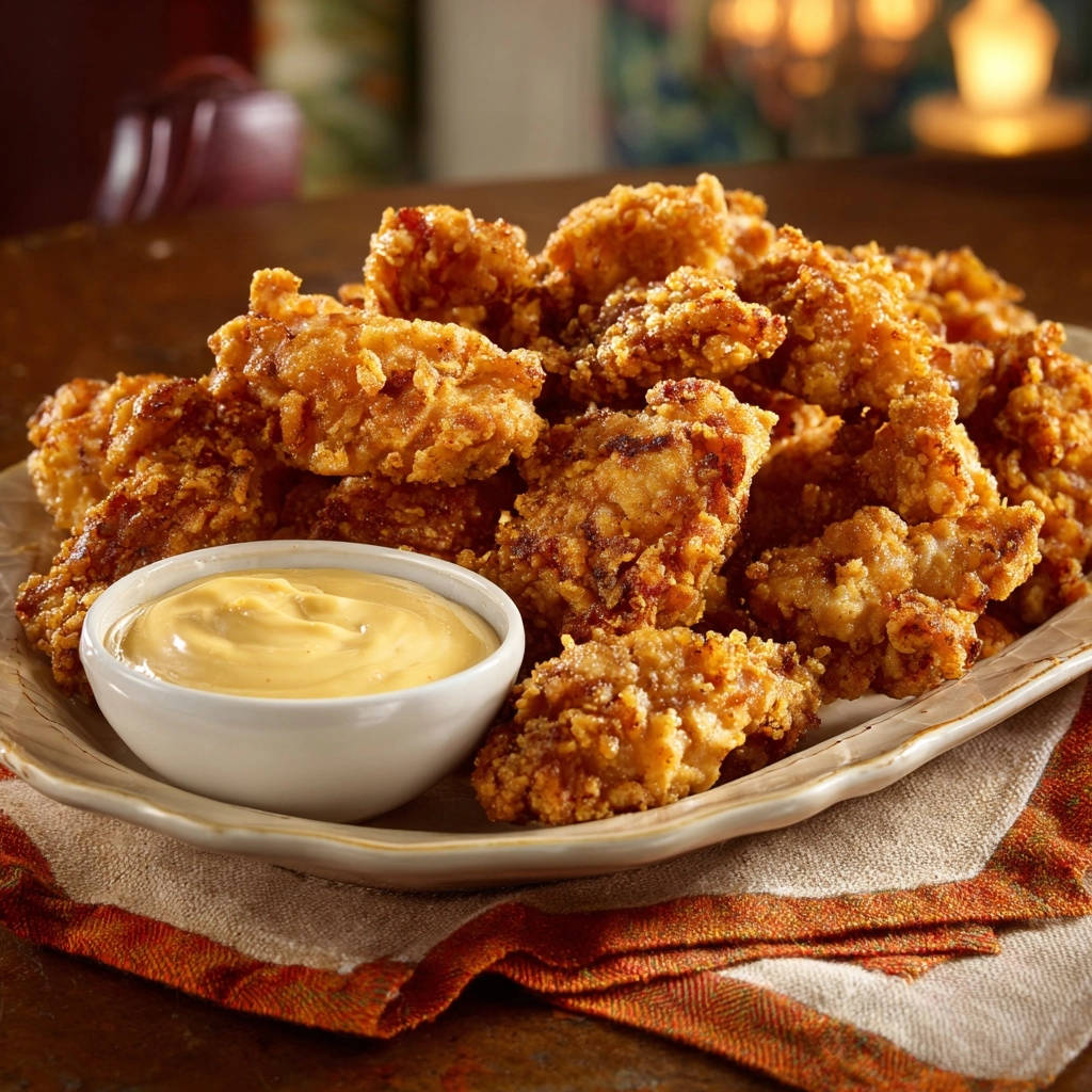 Crispy homestyle chicken bites served golden brown with a side of creamy dipping sauce on a textured napkin.