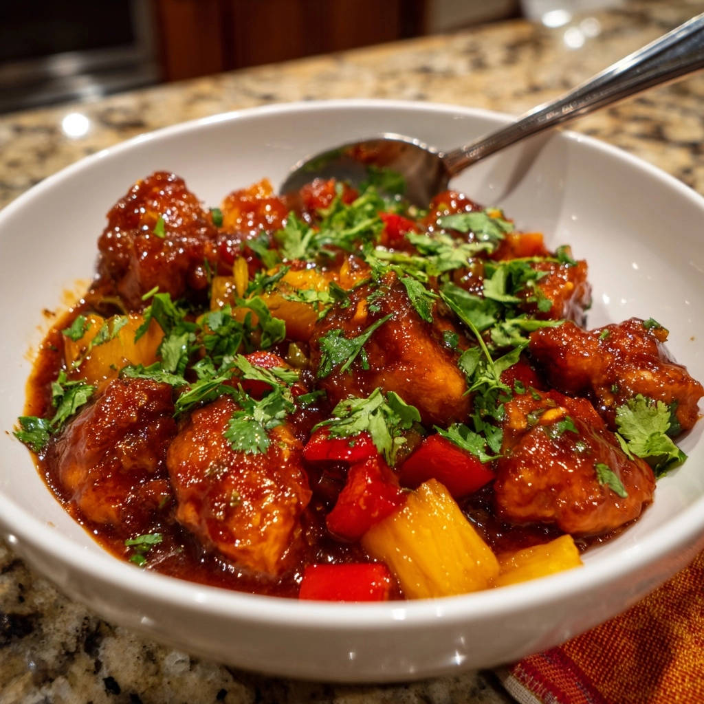 Crispy pineapple chicken served in a white bowl, showcasing the glistening sweet and savory sauce with chopped bell peppers and cilantro garnish.
