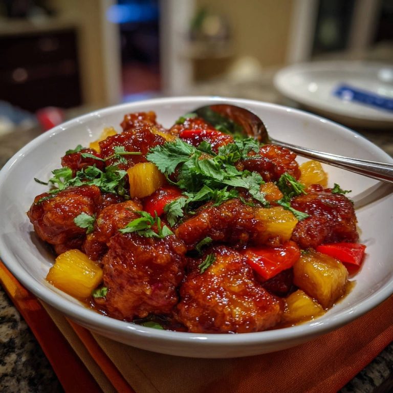 Crispy pineapple chicken served in a white bowl, generously garnished with fresh cilantro and chunks of pineapple.